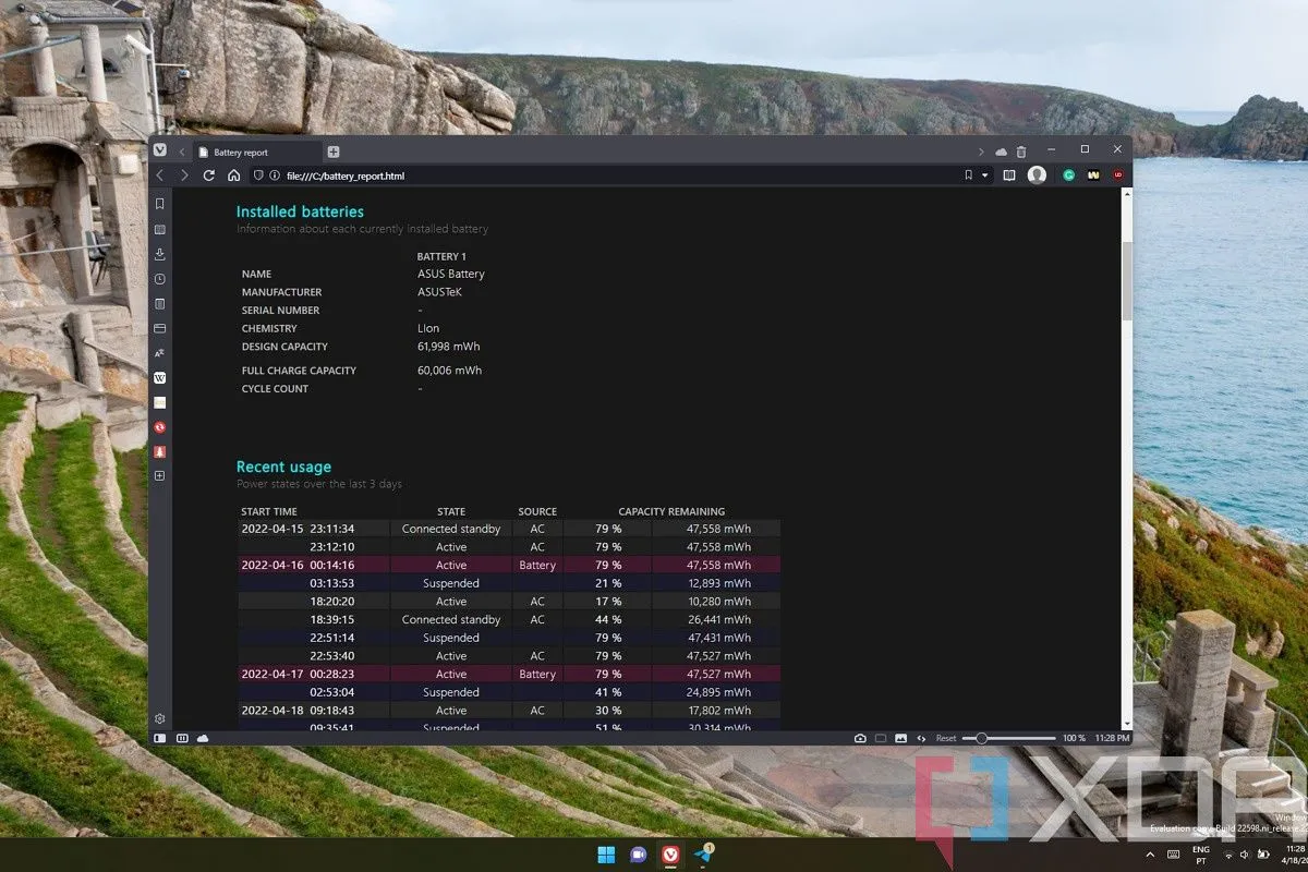 Báo cáo pin Windows 11 chi tiết tạo bằng PowerShell