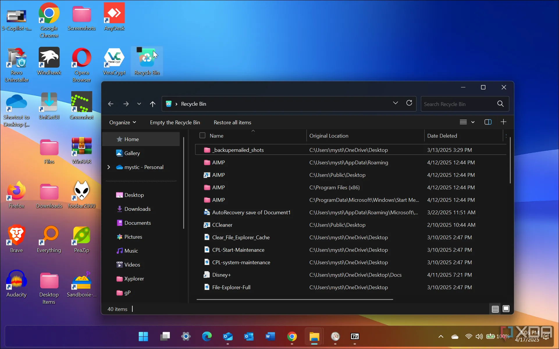 Biểu tượng Thùng Rác (Recycle Bin) trên Windows 11, nơi chứa các file đã xóa tạm thời.