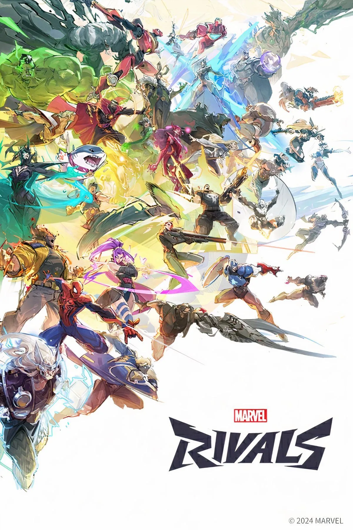 Các nhân vật và phân cảnh hỗn chiến trong game Marvel Rivals, thể hiện lối chơi hành động nhiều người chơi sôi động.