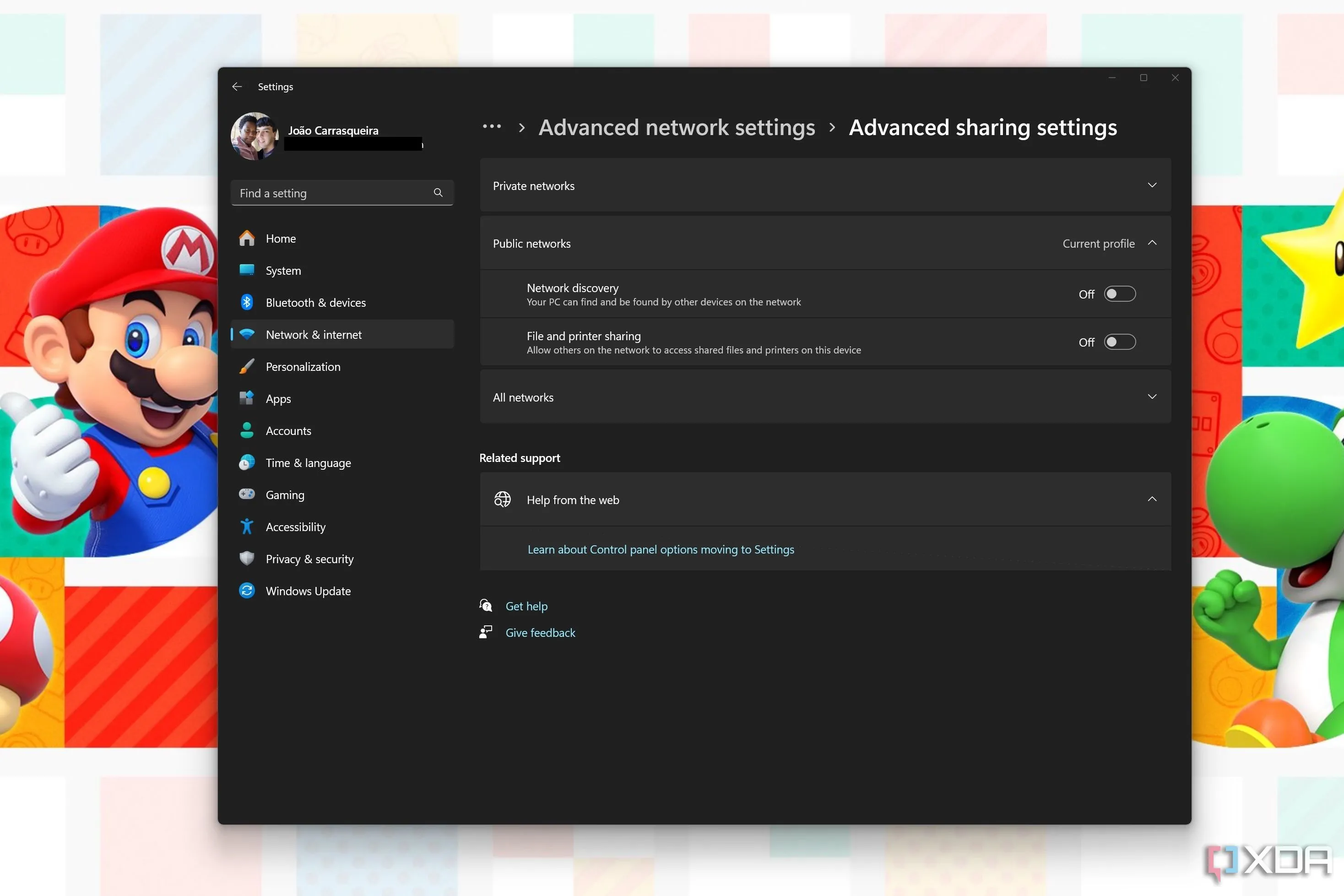 Cài đặt Advanced sharing settings trong Windows 11, hiển thị các tùy chọn cho tính năng khám phá mạng và chia sẻ tệp cho hồ sơ mạng công cộng