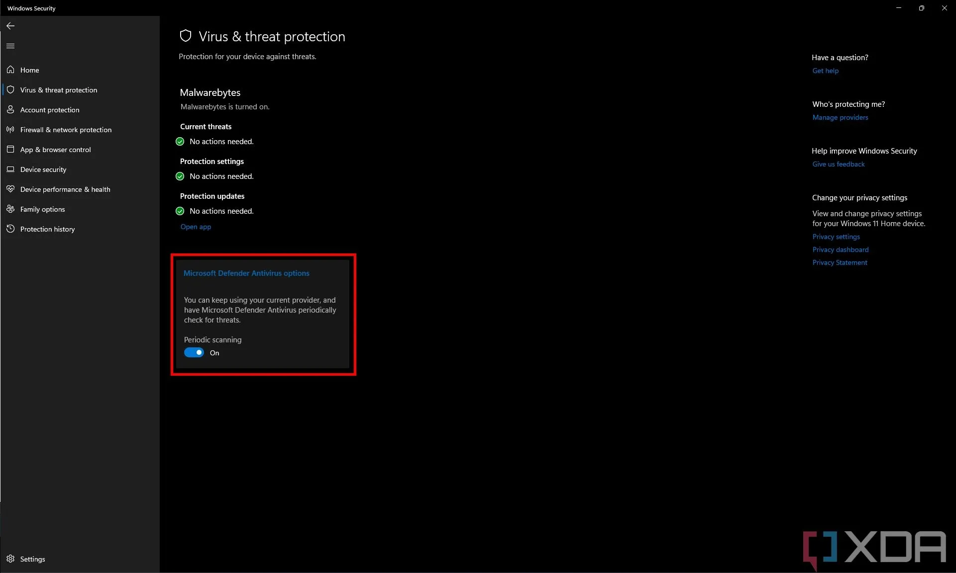 Cài đặt &quot;Bảo vệ khỏi virus &amp; mối đe dọa&quot; của Microsoft Defender khi đã cài đặt phần mềm diệt virus khác, cho phép quét định kỳ.