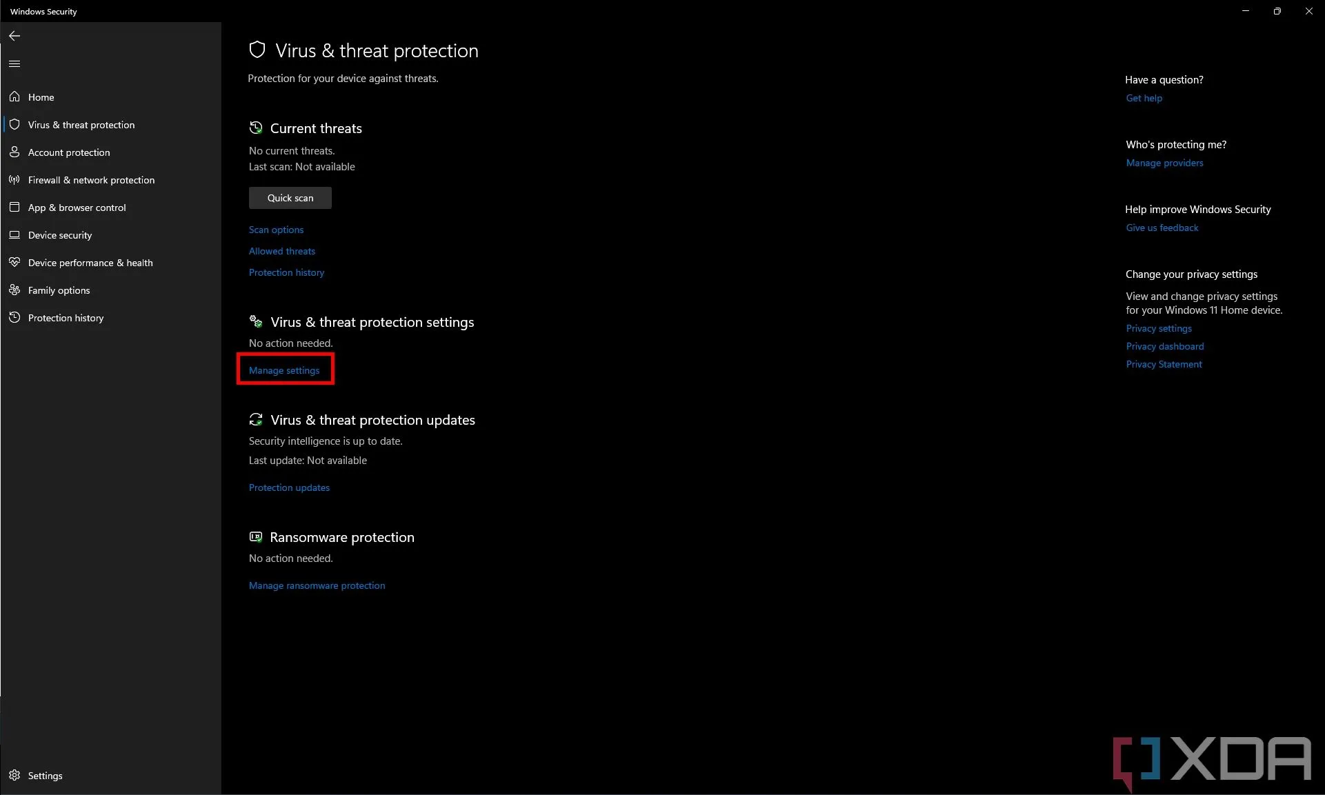 Cài đặt &quot;Bảo vệ khỏi virus &amp; mối đe dọa&quot; trong Windows Security, nơi bạn quản lý các thiết lập bảo mật.