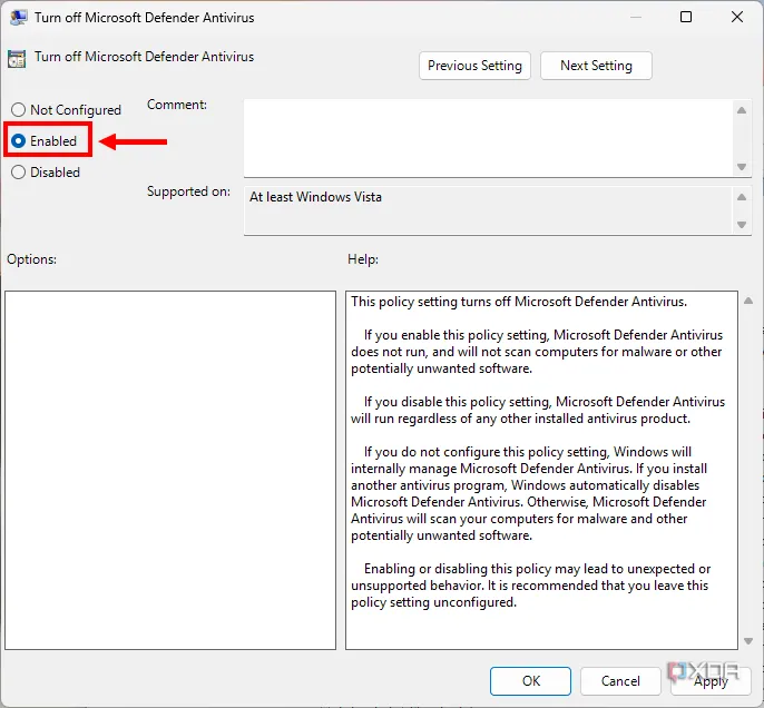 Cài đặt chính sách &quot;Turn off Microsoft Defender Antivirus&quot; được đặt thành &quot;Enabled&quot; để tắt Microsoft Defender.