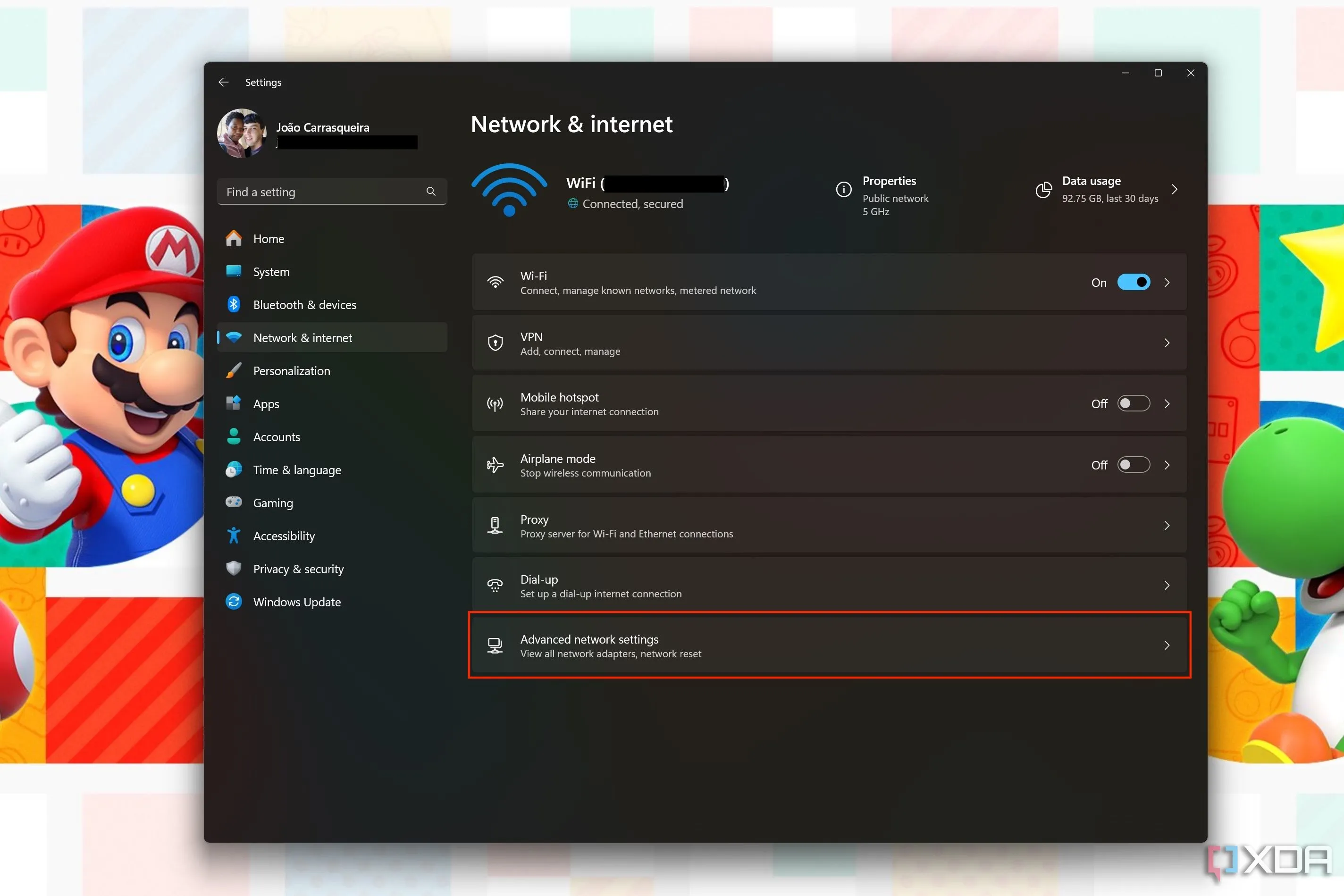 Cài đặt Network &amp; internet trong Windows 11, với nút Advanced network settings được làm nổi bật