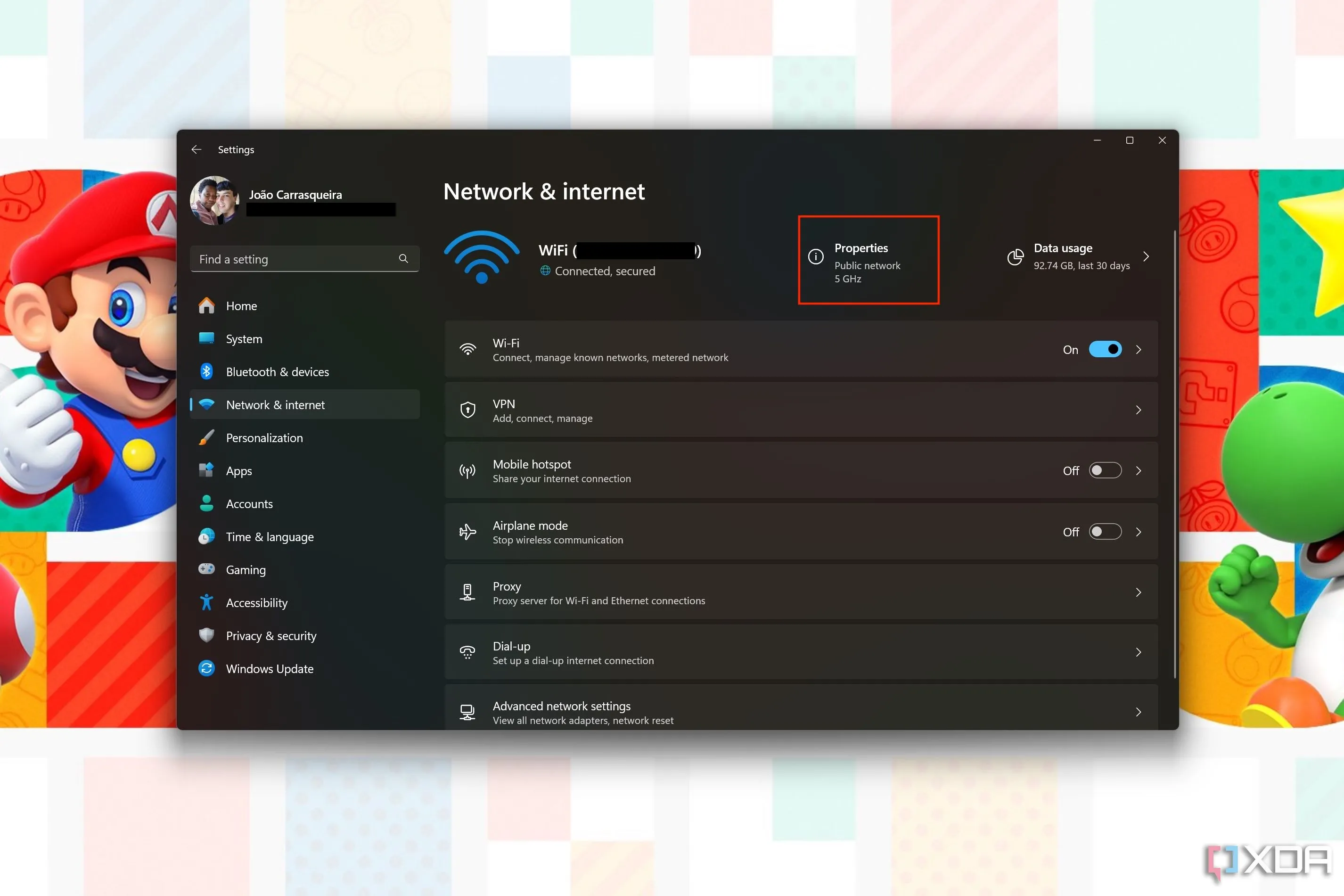 Cài đặt Network &amp; internet trong Windows 11, với nút Properties được làm nổi bật