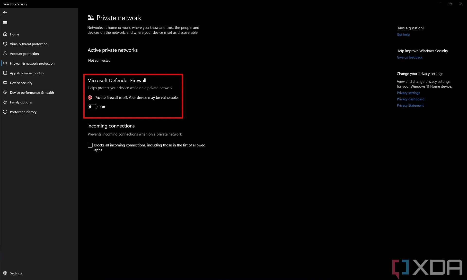 Cài đặt Tường lửa Microsoft Defender cho mạng riêng tư, hiển thị trạng thái tường lửa đã bị vô hiệu hóa.