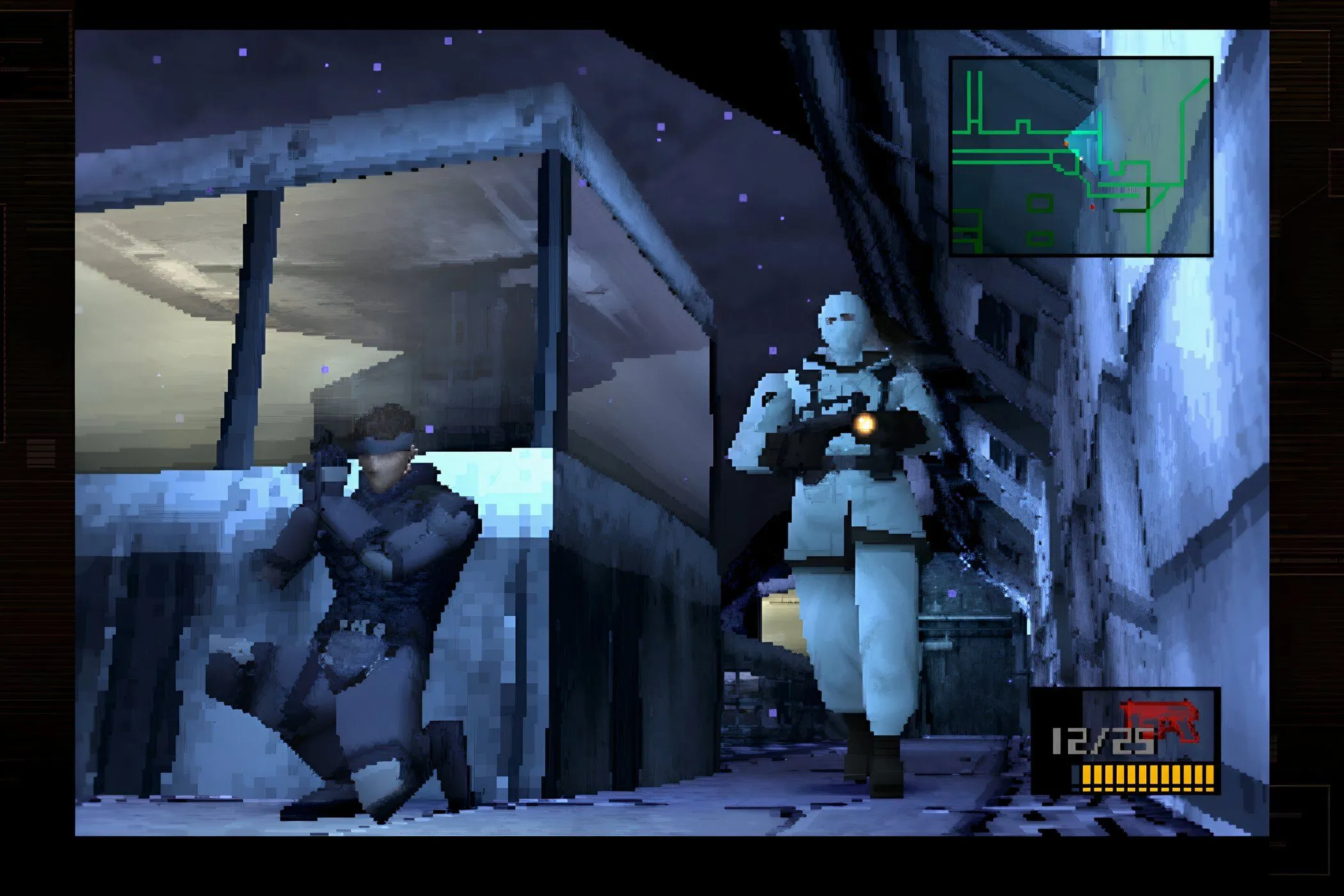 Cảnh tuần tra của kẻ địch trong tựa game Metal Gear Solid 1998, minh họa gameplay lén lút
