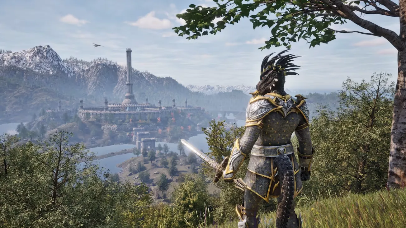 Chiến binh tộc Argonian đứng trên cao nhìn xuống thành phố trong Oblivion, liên hệ đến việc giáp ngựa là DLC gây tranh cãi của game