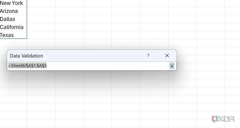 Chọn phạm vi dữ liệu nguồn cho danh sách thả xuống trong Data Validation của Excel