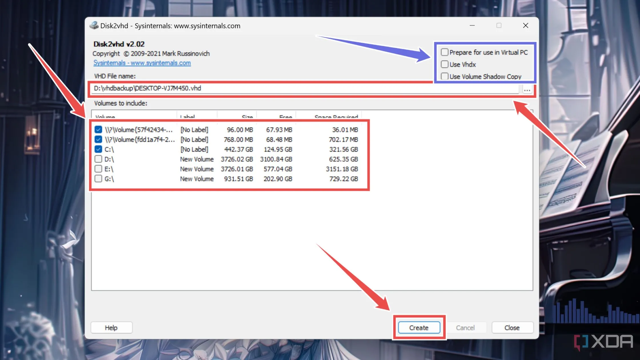 Chọn thiết lập trong Disk2vhd để tạo file VHD cho Windows 11