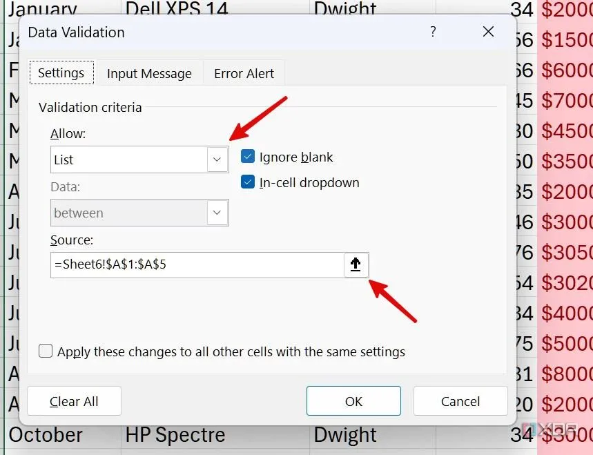 Chọn tùy chọn List trong hộp thoại Data Validation để tạo danh sách thả xuống