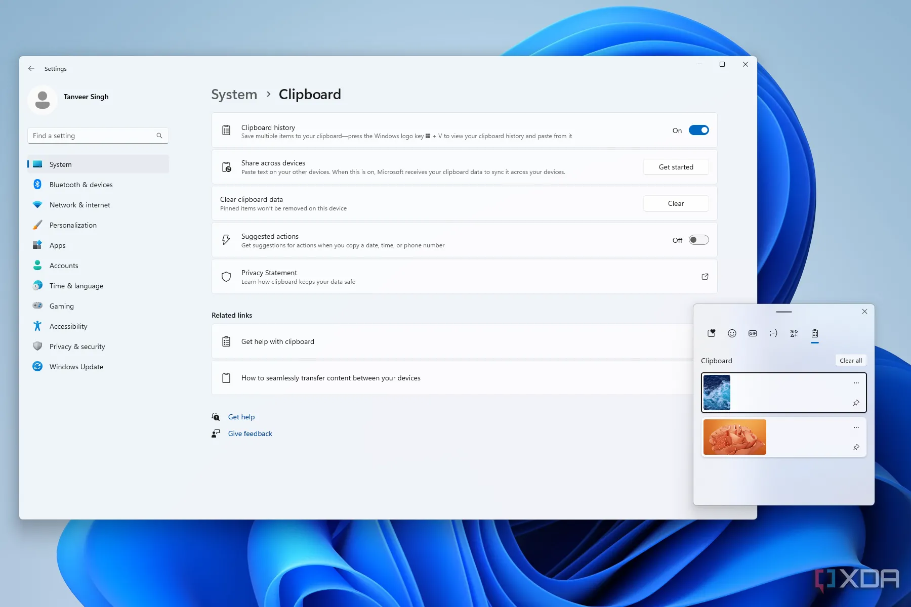 Cửa sổ cài đặt lịch sử clipboard trên Windows 11, hiển thị tùy chọn đồng bộ hóa.