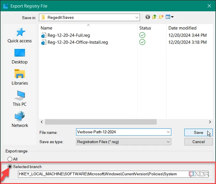 Cửa sổ Export Registry File với tùy chọn &quot;Selected branch&quot; để sao lưu nhánh riêng lẻ