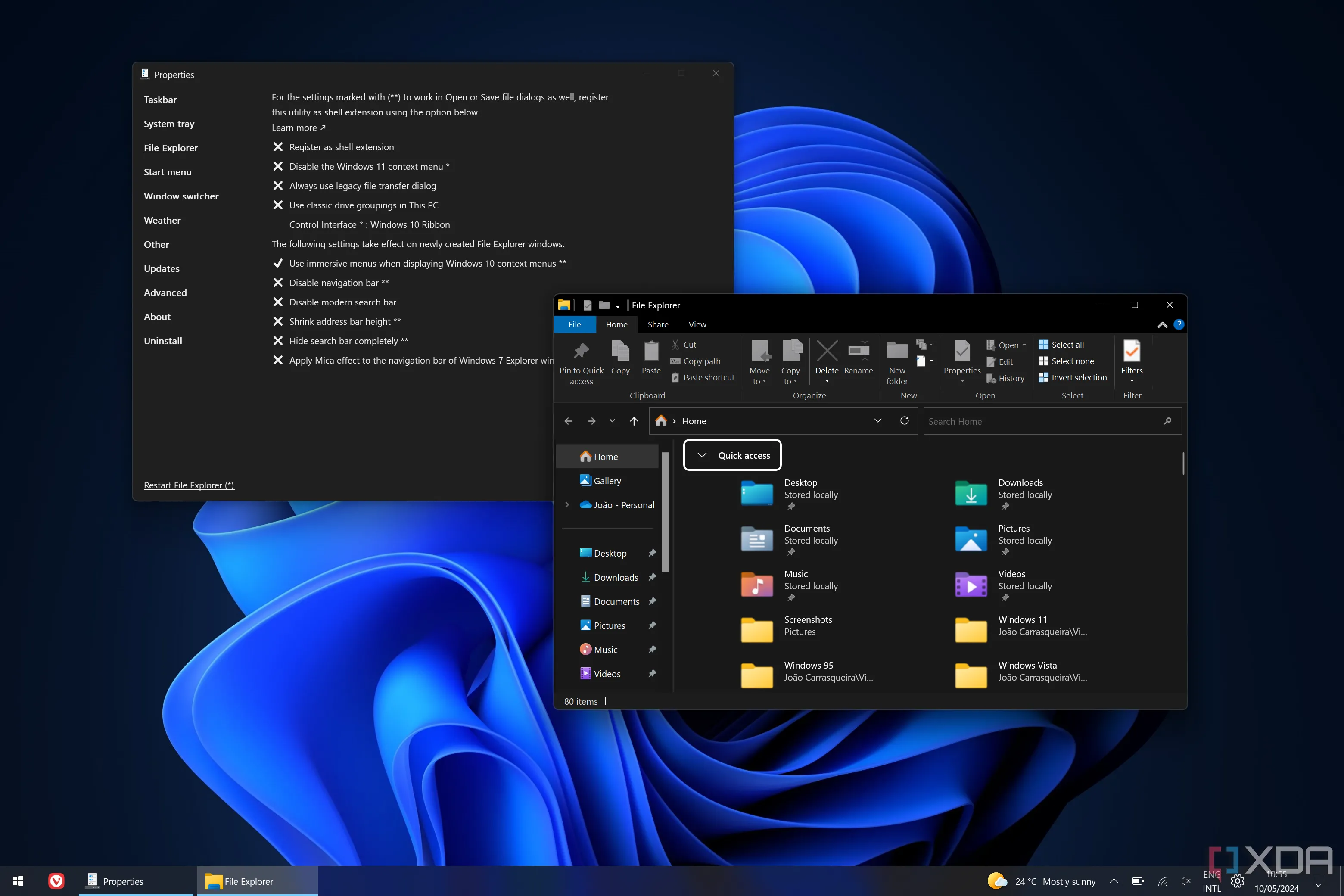 Cửa sổ File Explorer trên Windows 11 với giao diện thanh ribbon và menu ngữ cảnh theo phong cách Windows 10 được khôi phục bởi ExplorerPatcher.