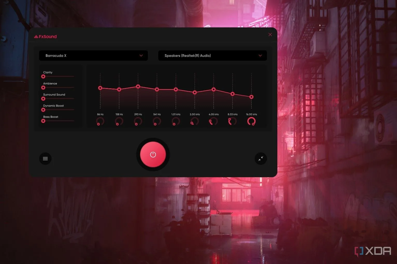 Cửa sổ phần mềm FxSound trên màn hình desktop Windows, cho phép người dùng tùy chỉnh và nâng cao chất lượng âm thanh.