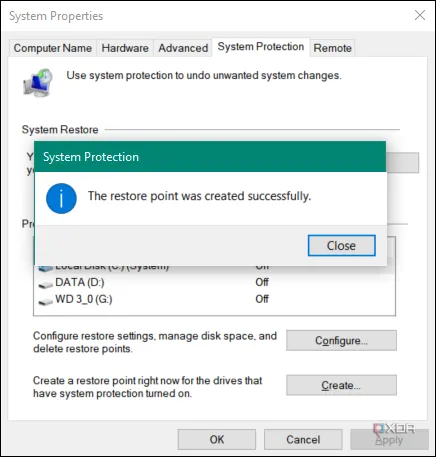 Cửa sổ System Properties hiển thị tùy chọn &quot;Create a restore point&quot;