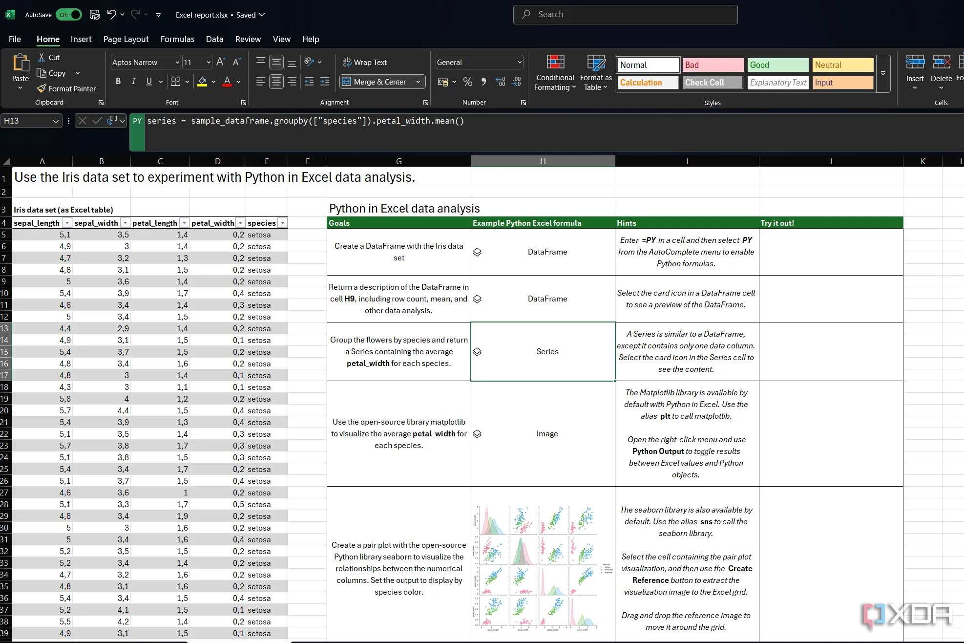 Dữ liệu mẫu Iris Dataset được hiển thị trong Excel, dùng để thực hành các hàm Python
