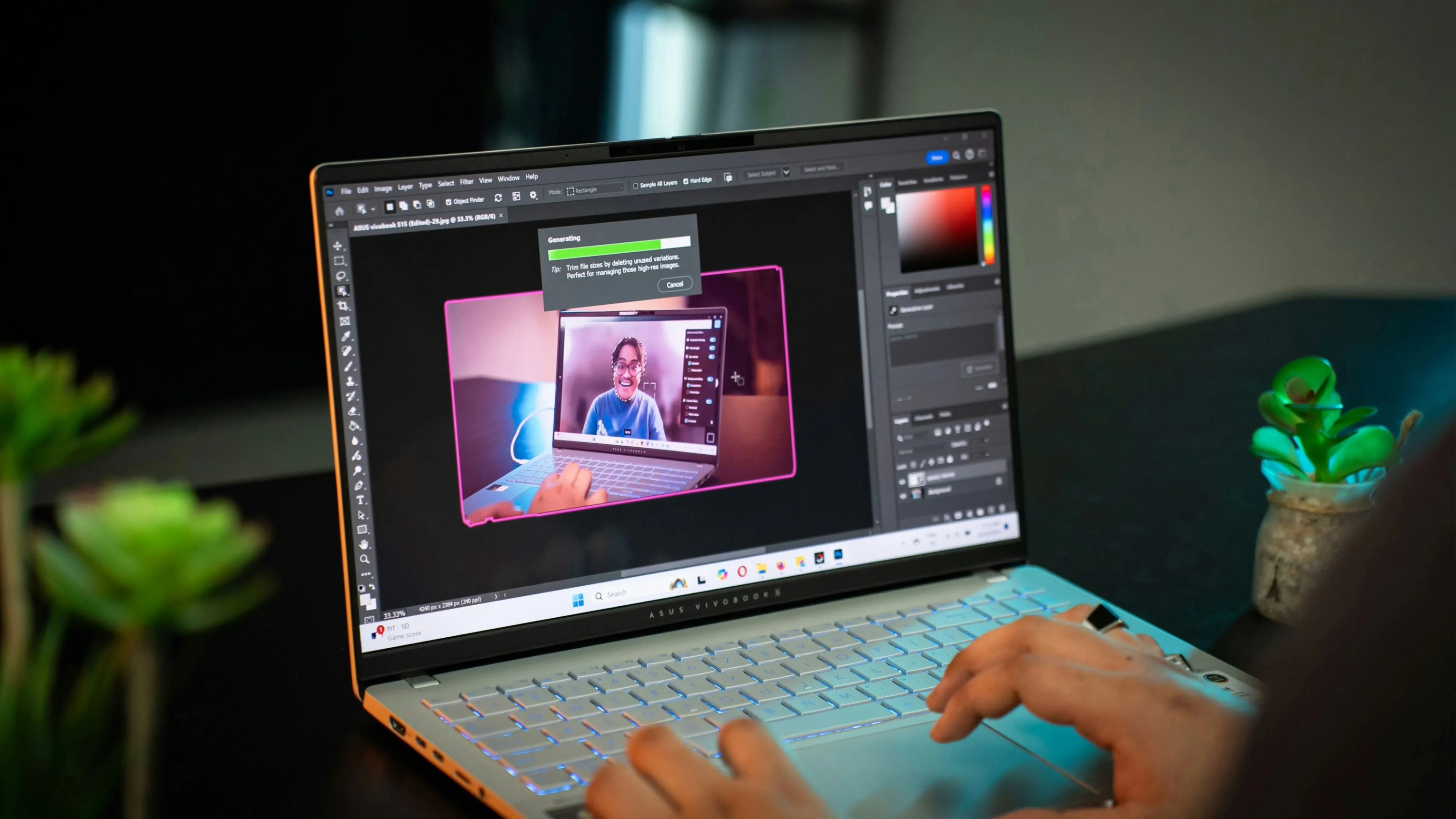 Giao diện Adobe Photoshop đang chạy trên máy tính xách tay Windows, thể hiện đây là một phần mềm chuyên nghiệp