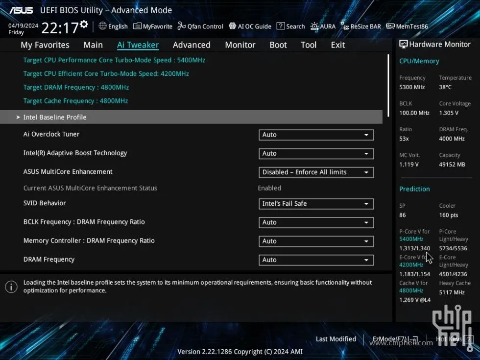 Giao diện BIOS UEFI của ASUS hiển thị cài đặt Intel Baseline Profile