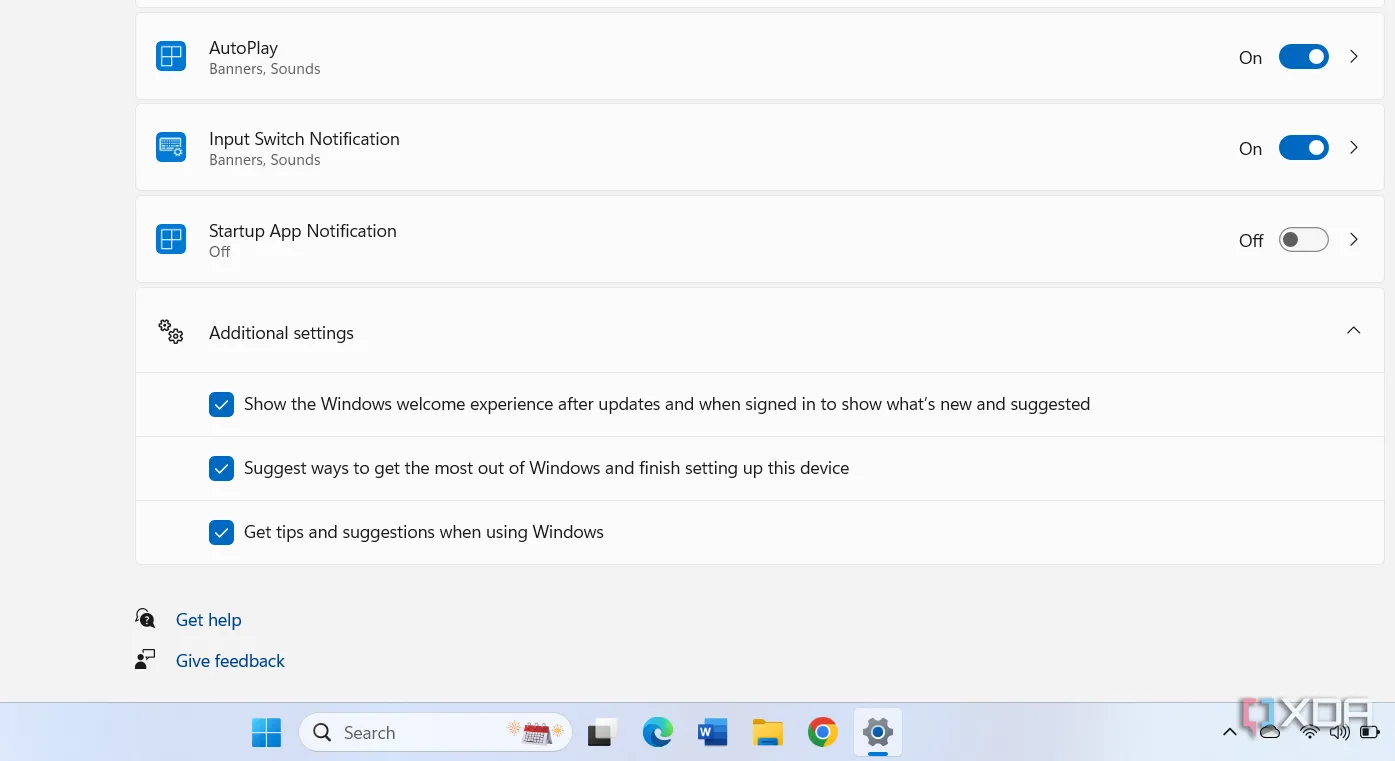 Giao diện cài đặt để tắt các thông báo gợi ý và quảng cáo từ Microsoft trên Windows 11