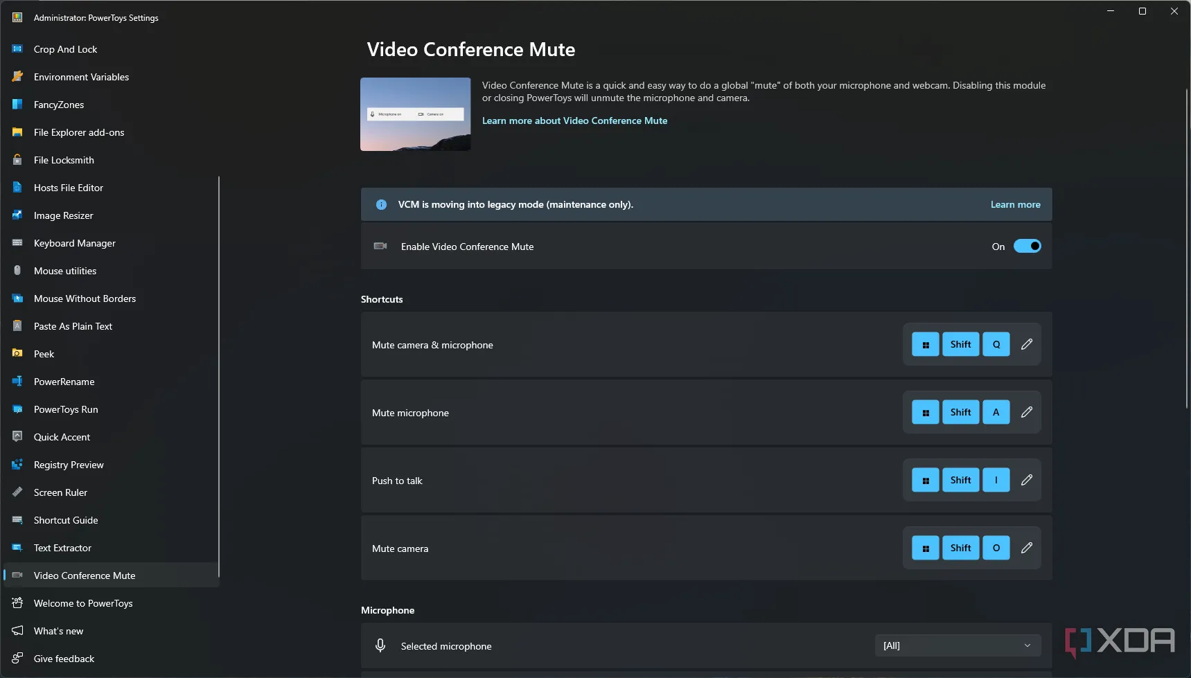 Giao diện cài đặt Video Conference Mute trong PowerToys, cho phép tắt mic và camera nhanh chóng trong các cuộc họp trực tuyến.
