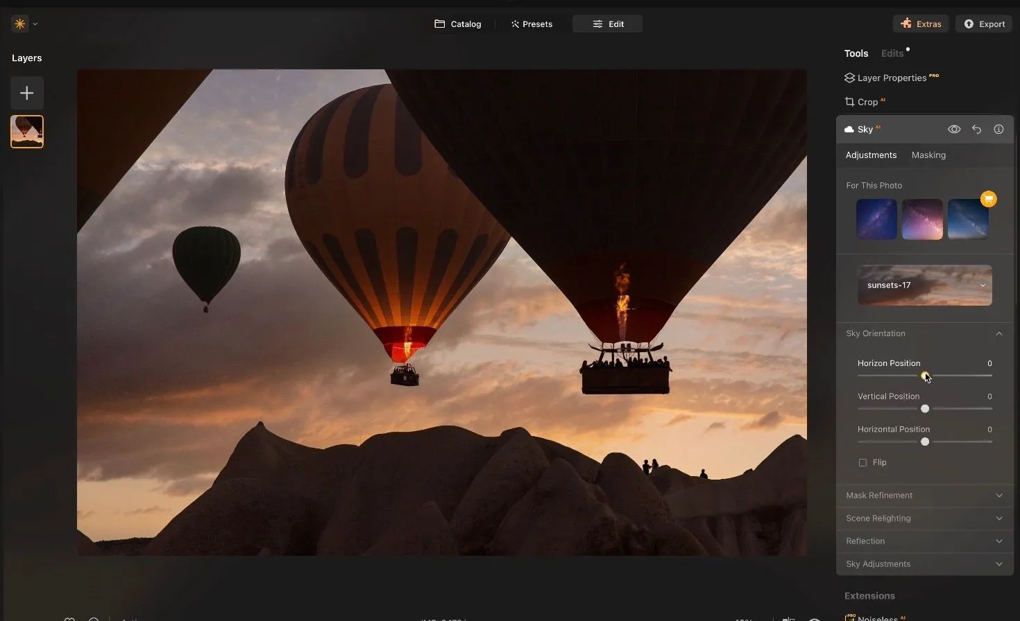 Giao diện chỉnh sửa ảnh của Luminar Neo với các công cụ AI, minh họa khả năng thay thế Photoshop và Lightroom.