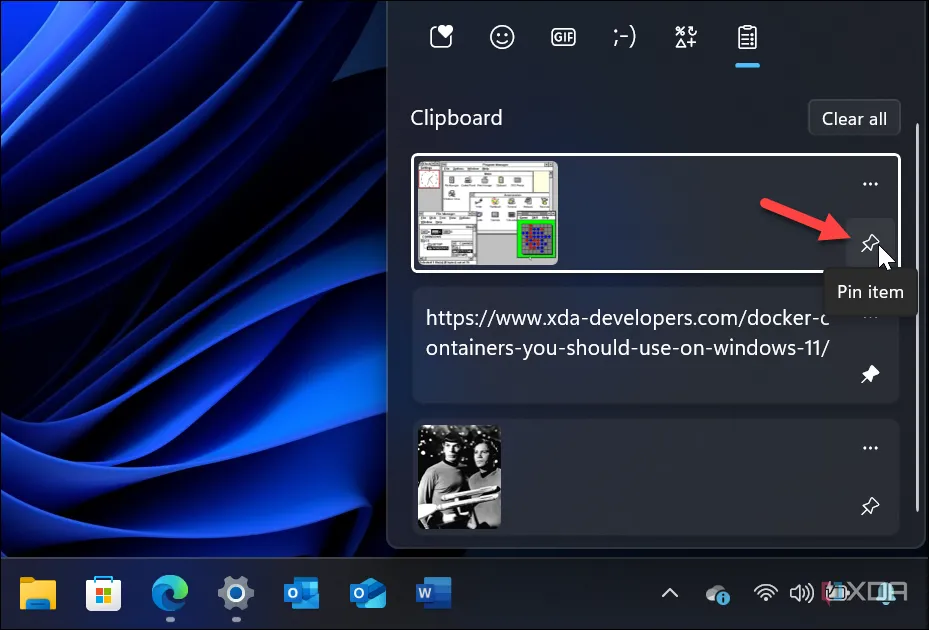 Giao diện Clipboard trên Windows 11 hiển thị các mục đã sao chép và tính năng ghim, giúp đồng bộ hóa dữ liệu giữa các thiết bị.