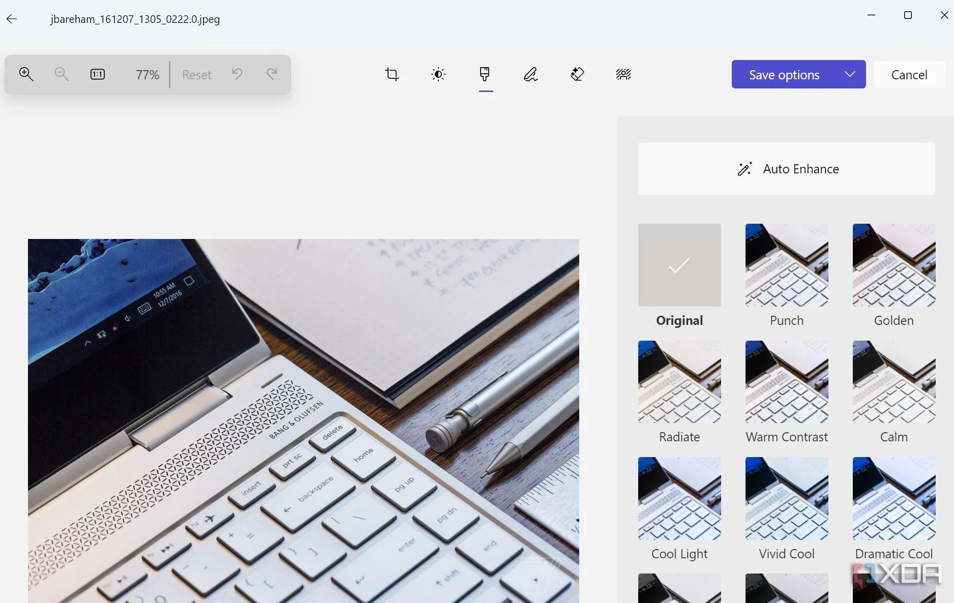 Giao diện công cụ chỉnh sửa cơ bản của Microsoft Photos