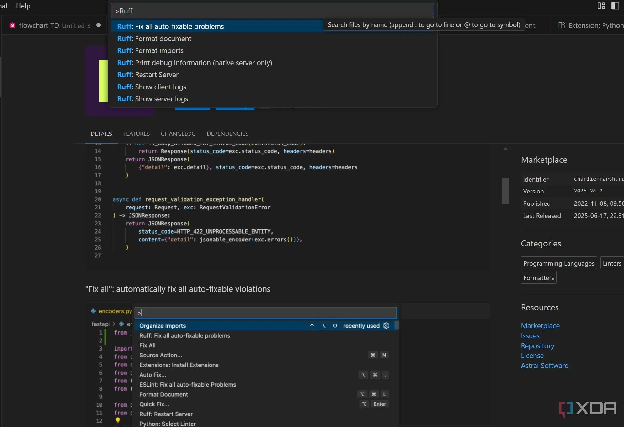 Giao diện công cụ Ruff linter và formatter Python trong VS Code