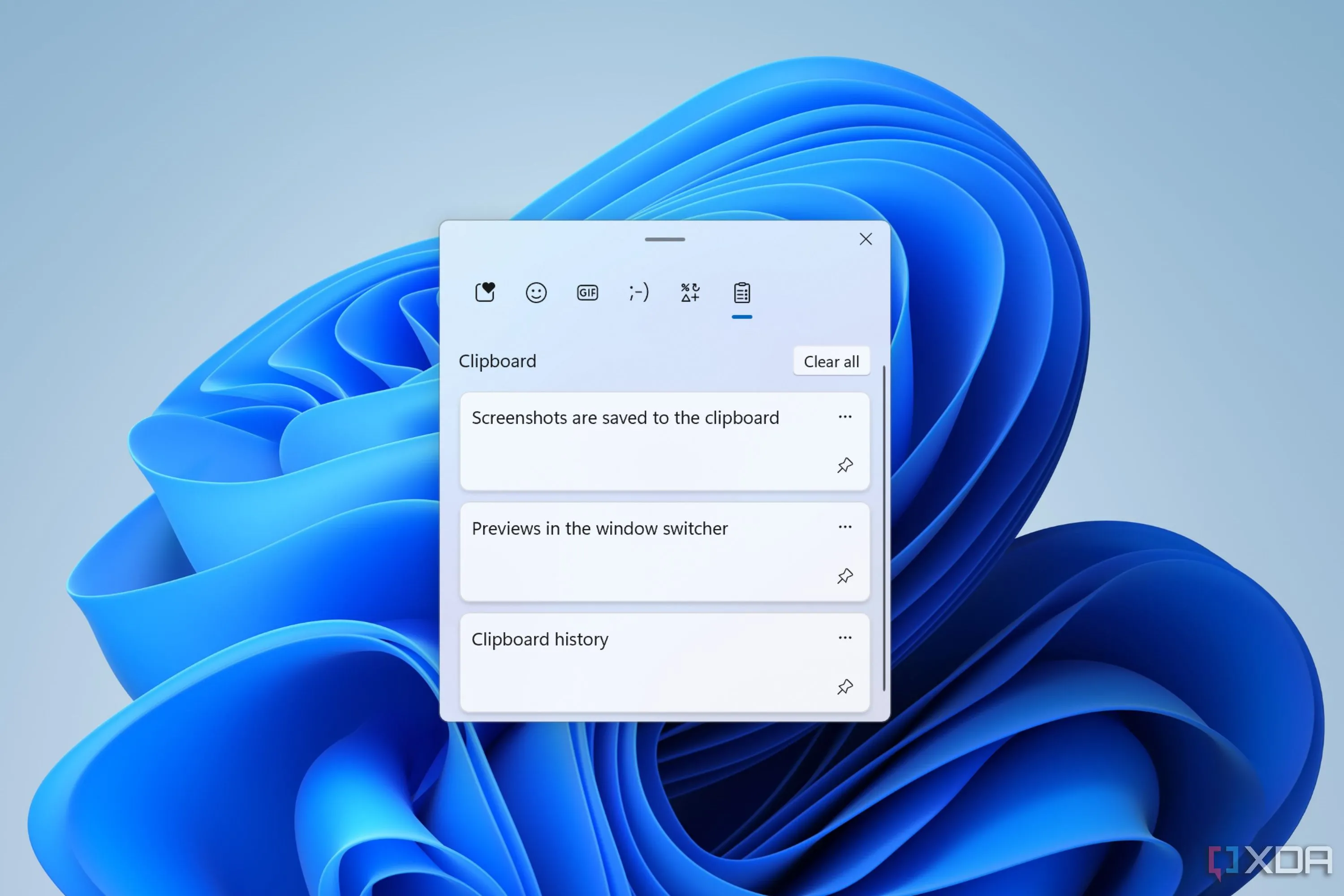 Giao diện lịch sử clipboard trên Windows 11 hiển thị các mục đã sao chép.