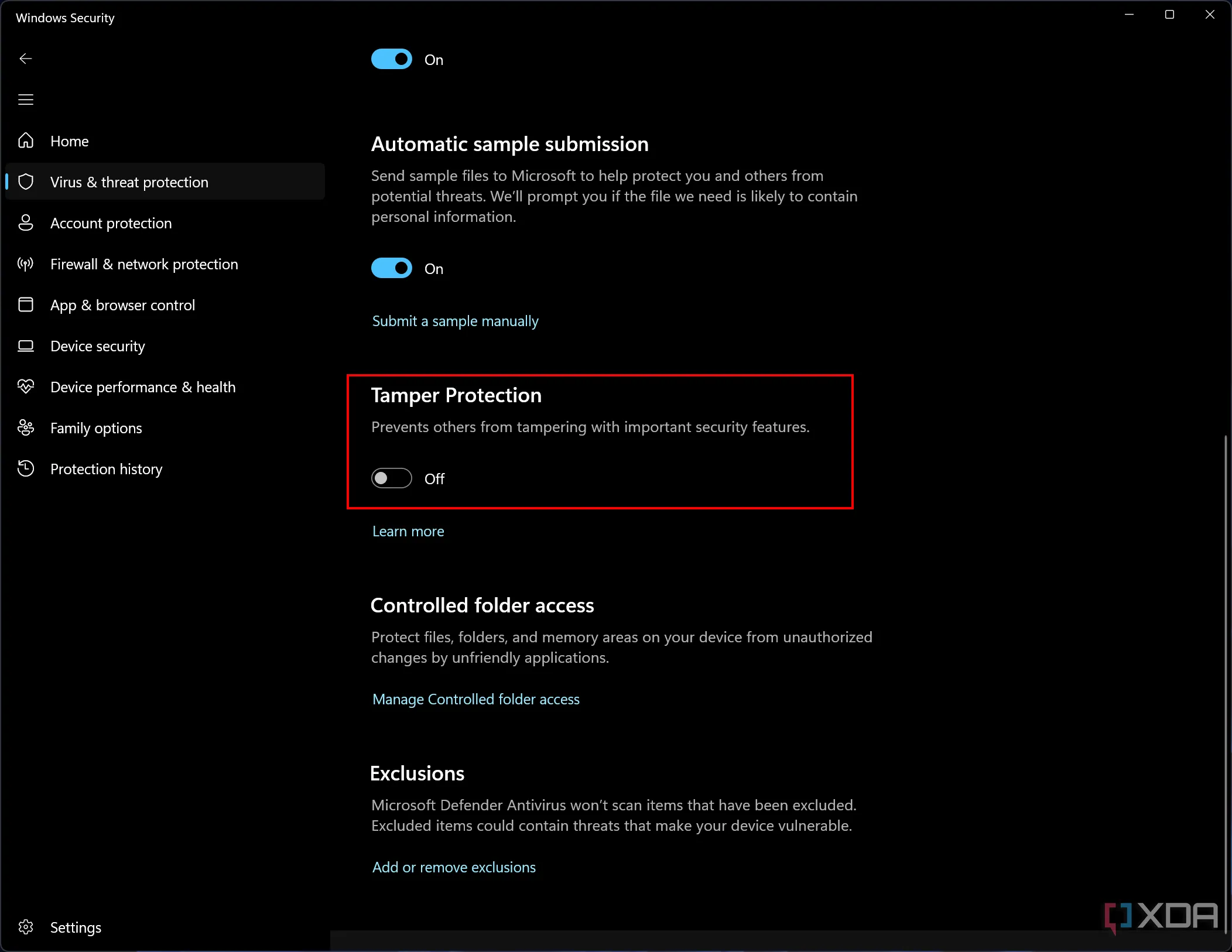 Giao diện Microsoft Defender Antivirus với tính năng &quot;Chống giả mạo&quot; (Tamper Protection) đã được tắt.