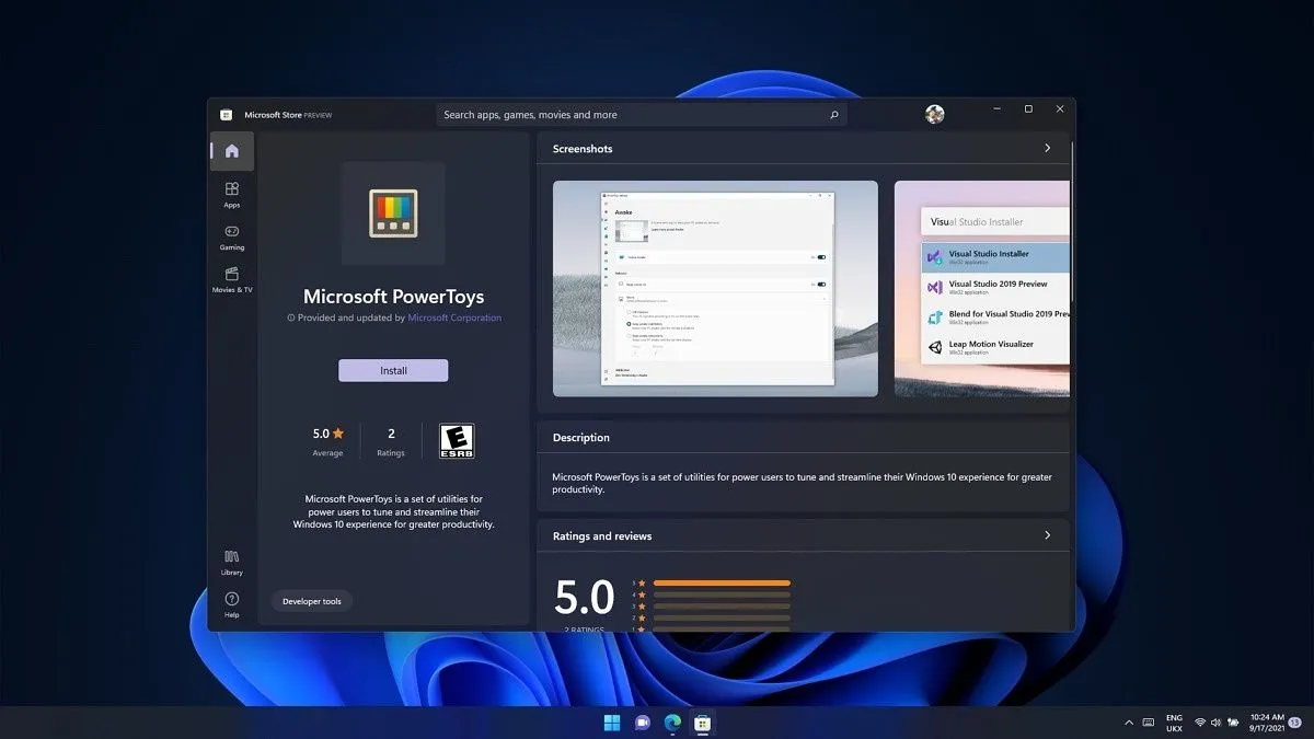 Giao diện Microsoft Store hiển thị PowerToys, một công cụ tiện ích mạnh mẽ cho Windows, minh họa cho các phần mềm PC hữu ích.