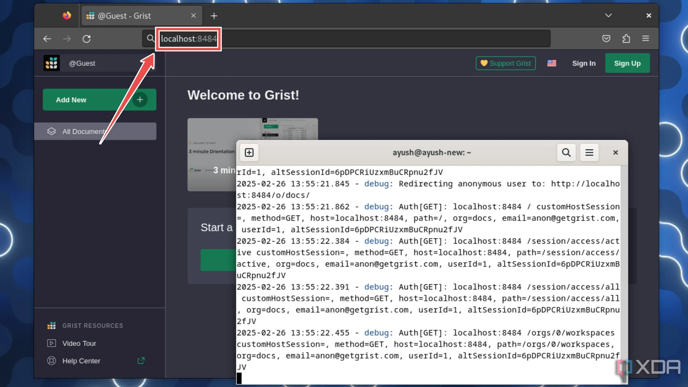 Giao diện người dùng Grist truy cập qua localhost:8484 trên trình duyệt