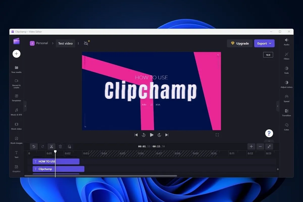 Giao diện phần mềm chỉnh sửa video Clipchamp đang mở trên màn hình nền Windows 11
