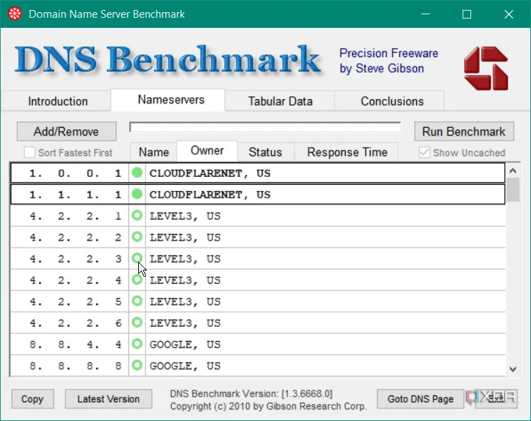 Giao diện phần mềm GRC DNS Benchmark hiển thị kết quả kiểm tra tốc độ các server DNS
