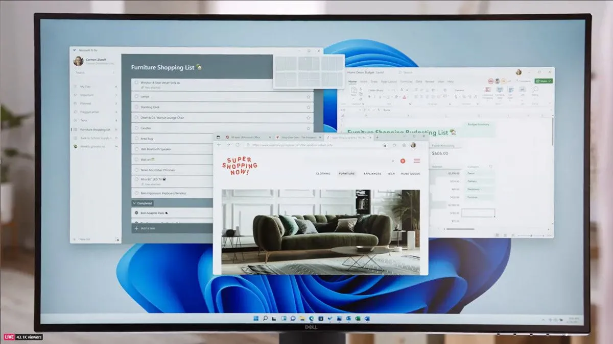 Giao diện Snap Layouts trên Windows 11, cho phép người dùng sắp xếp nhiều cửa sổ ứng dụng một cách linh hoạt và chuyên nghiệp.