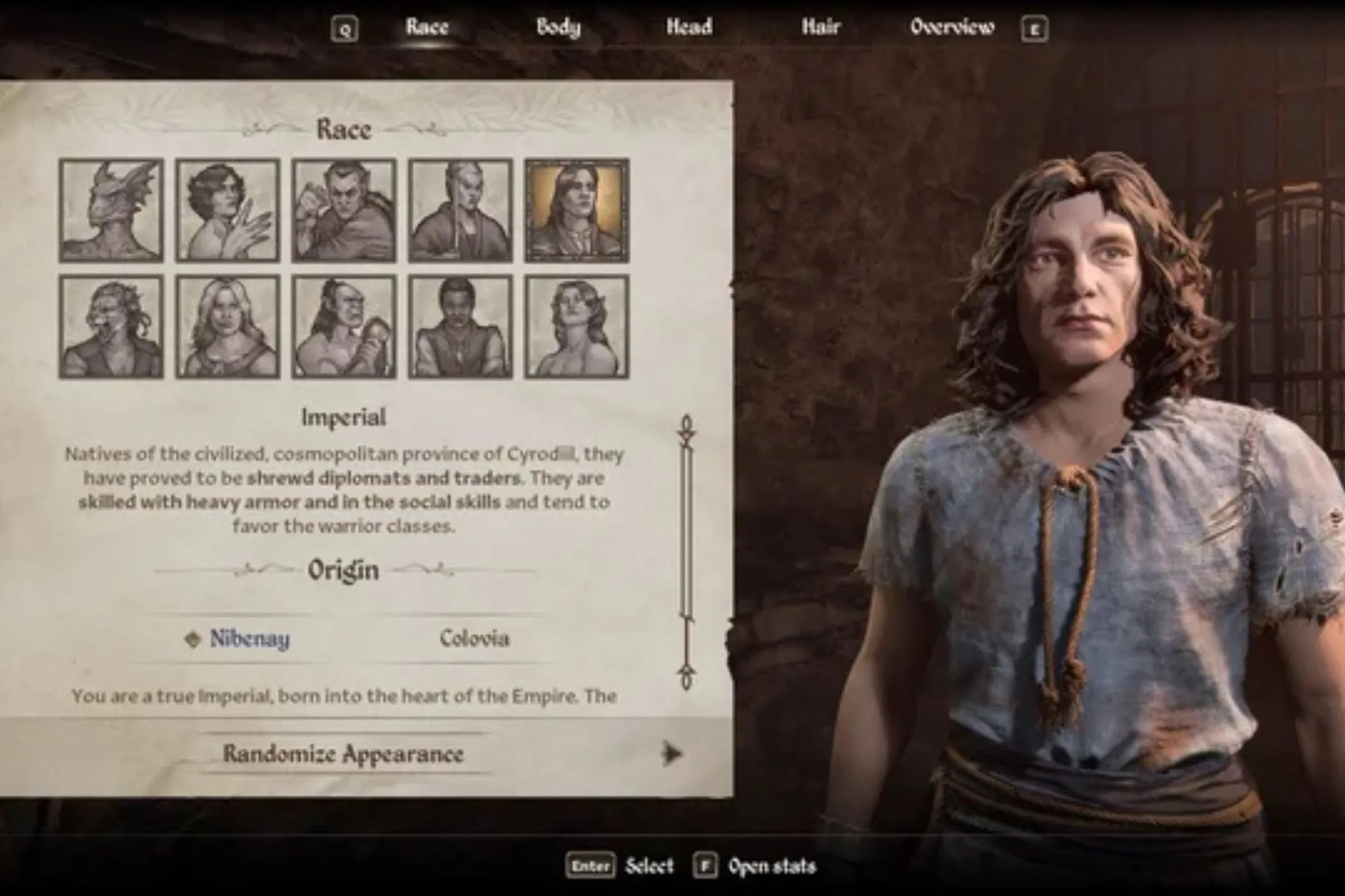 Giao diện tạo nhân vật Imperial trong Oblivion Remastered, minh họa cho cơ chế ma cà rồng và sự khác biệt với Skyrim