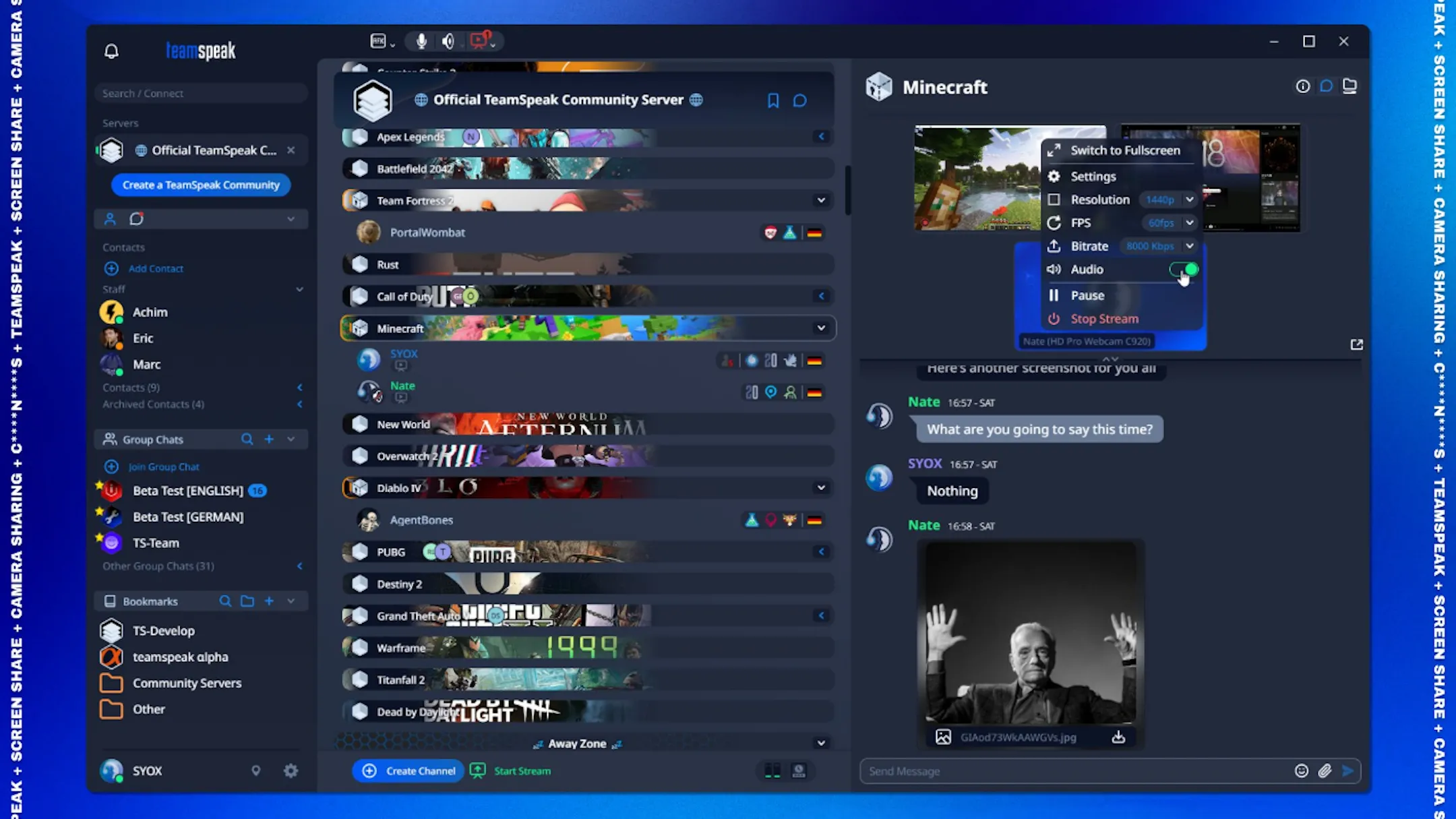 Giao diện TeamSpeak V6 hiển thị trên màn hình máy tính.
