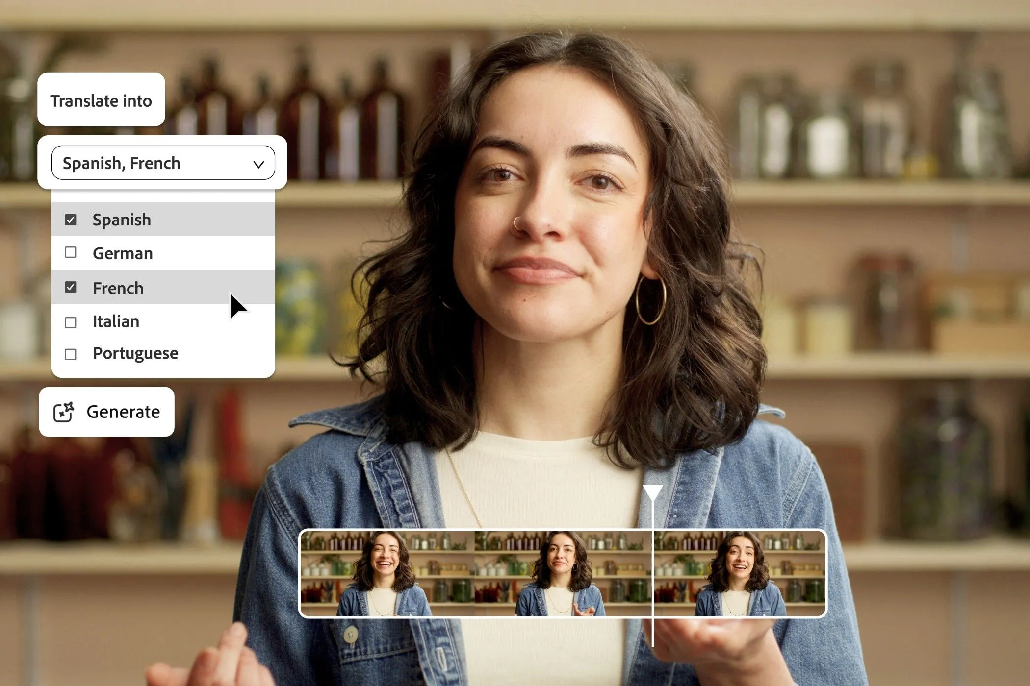 Giao diện tính năng dịch ngôn ngữ video của Adobe Firefly AI