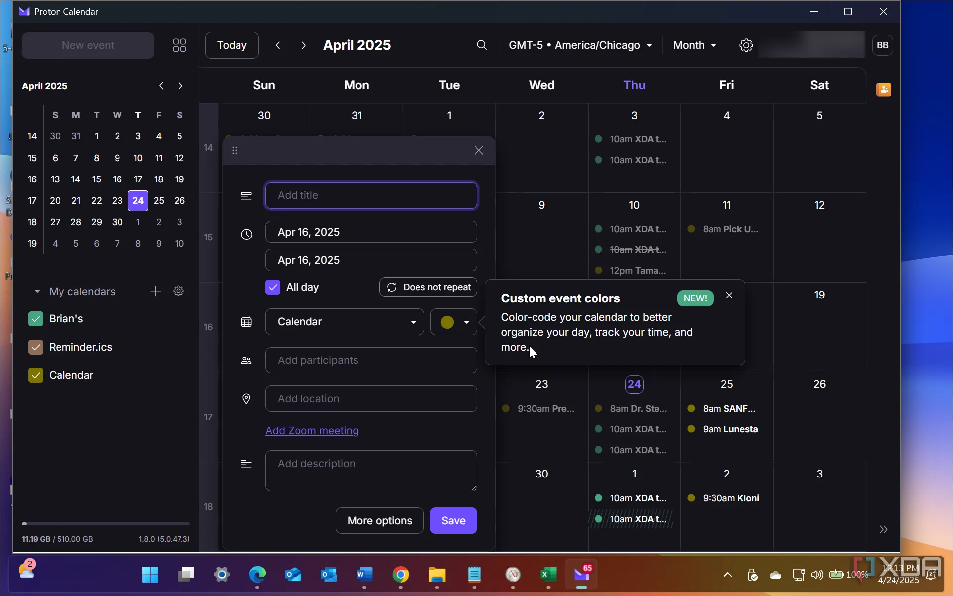 Giao diện ứng dụng Proton Calendar đang chạy trên máy tính Windows, với thiết kế tối giản và tập trung bảo mật