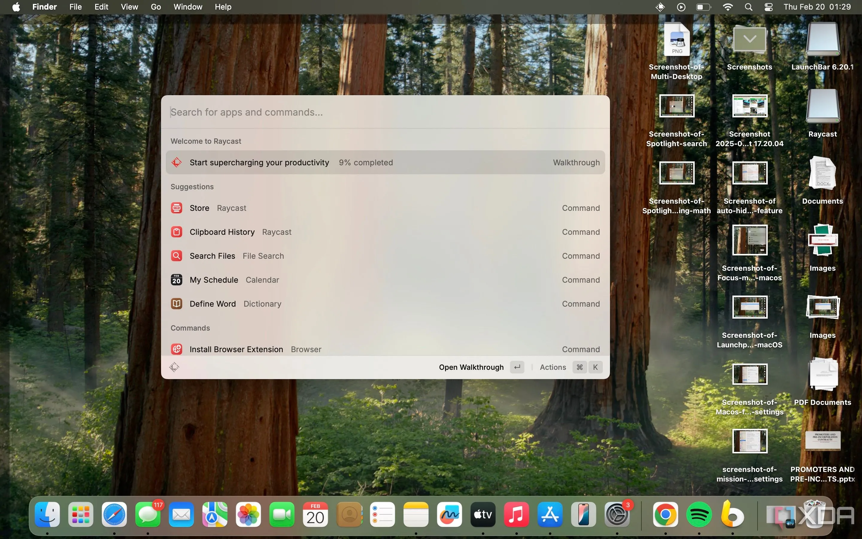 Giao diện ứng dụng Raycast trên macOS với thanh tìm kiếm và các lệnh nhanh