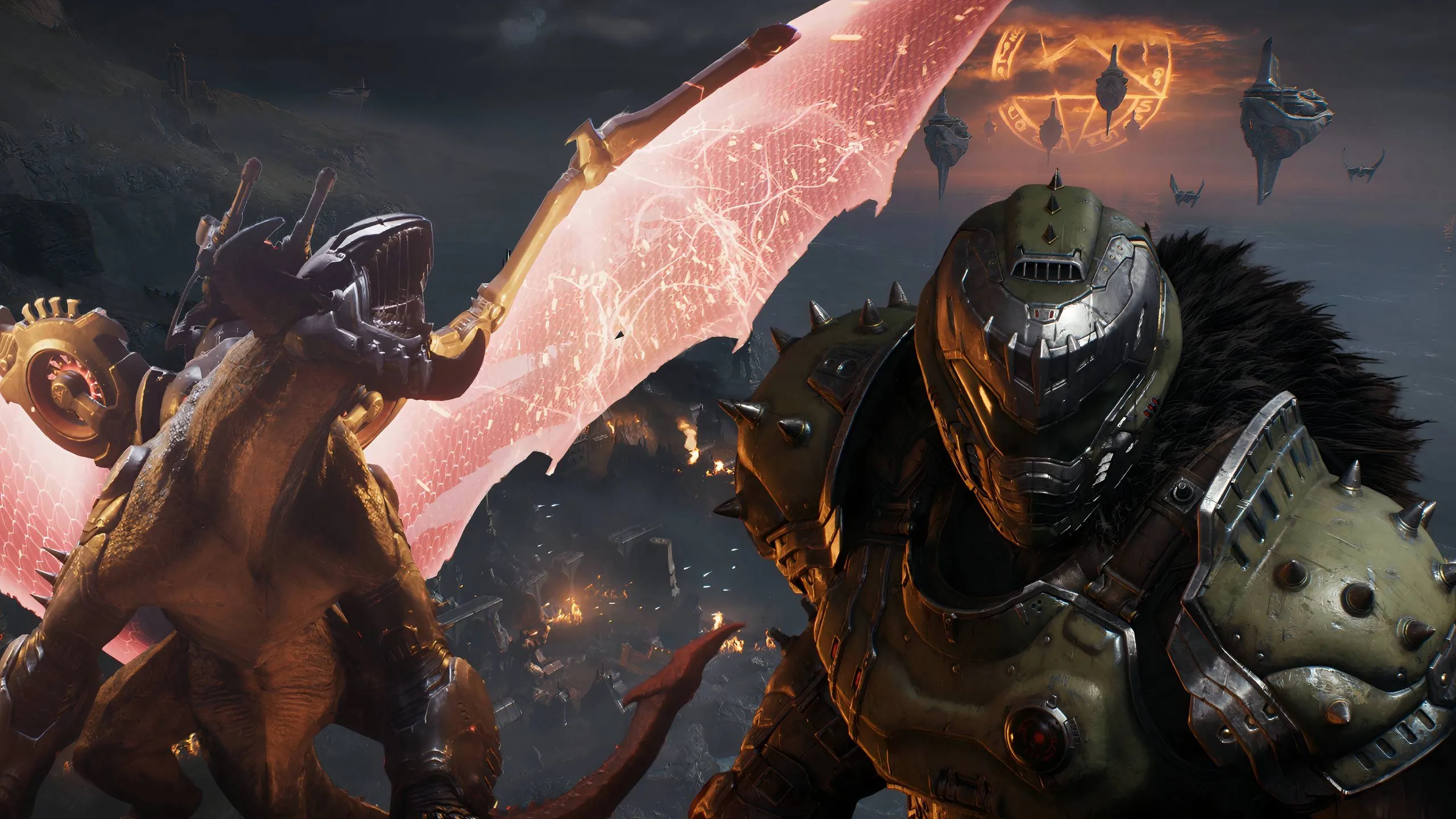 Hình ảnh Doom Slayer cưỡi rồng trong game Doom: The Dark Ages, minh họa độ chi tiết của áo giáp có thể được in 3D.