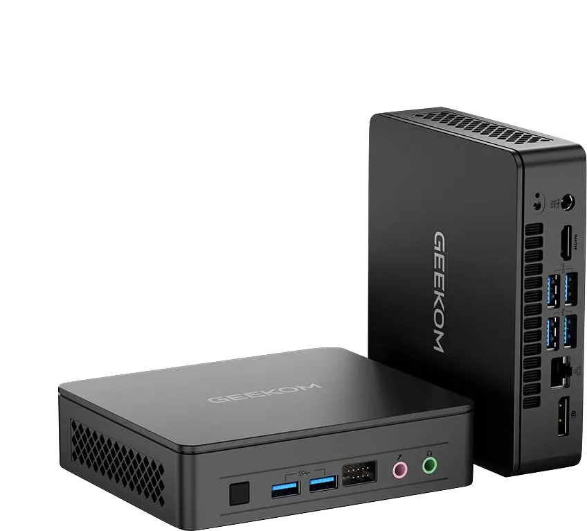 Hình ảnh Geekom Air12 Lite, một mẫu mini PC nhỏ gọn với bộ xử lý Intel Alder Lake N150, minh họa cho dòng sản phẩm máy tính mini hiệu quả và tiết kiệm năng lượng.