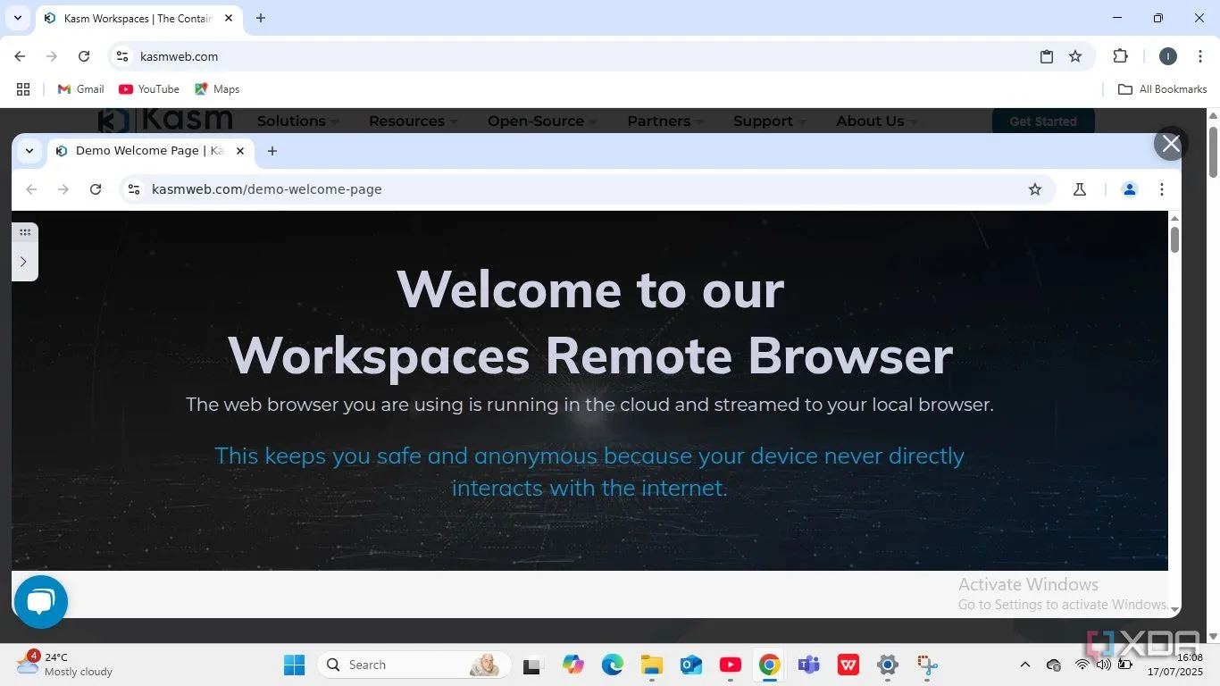 Hình ảnh minh họa việc duyệt web ẩn danh và bảo vệ quyền riêng tư người dùng với Kasm Workspace