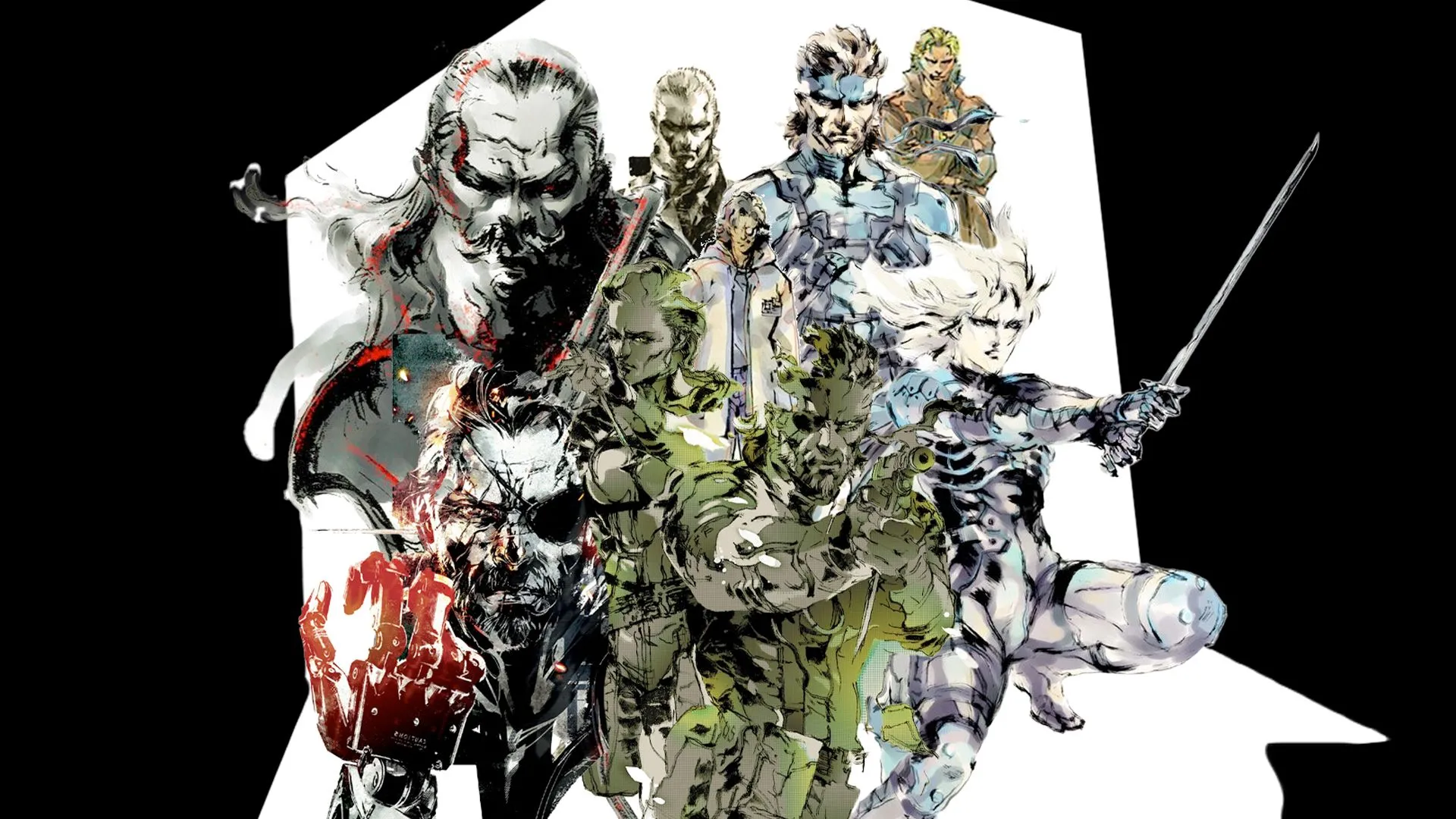 Hình ảnh nghệ thuật Metal Gear Solid của Yoji Shinkawa, tập hợp các nhân vật biểu tượng như Big Boss, Solid Snake và Raiden