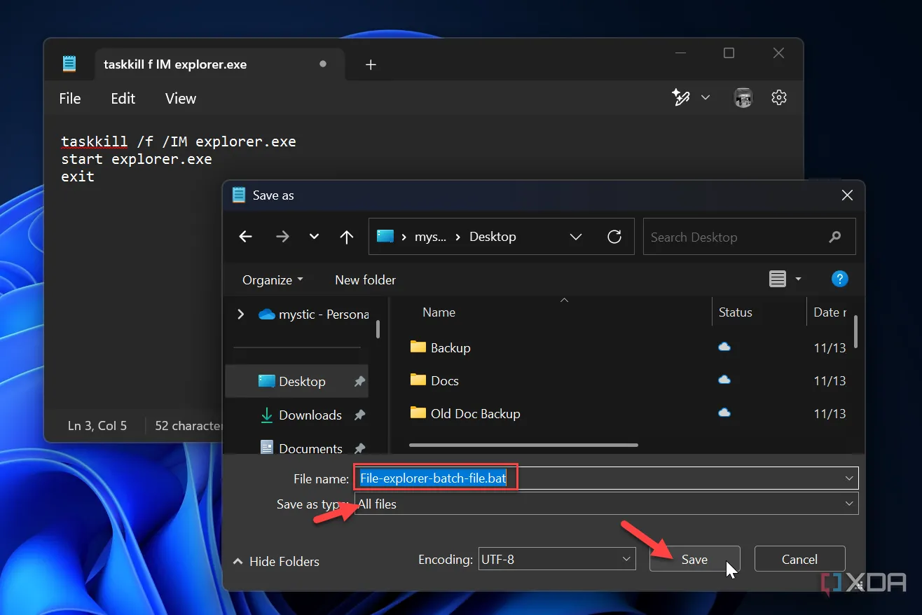 Hộp thoại Save as để lưu tệp batch (.bat) khởi động lại File Explorer từ Notepad