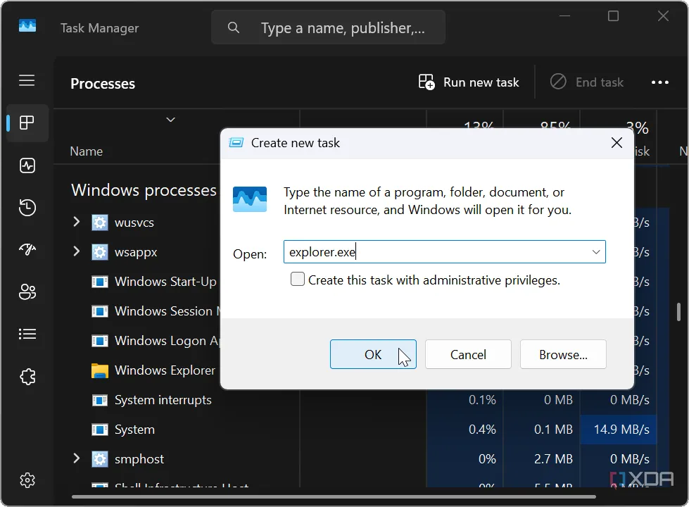 Hướng dẫn từng bước tắt tiến trình explorer.exe và chạy lại tác vụ mới trong Task Manager