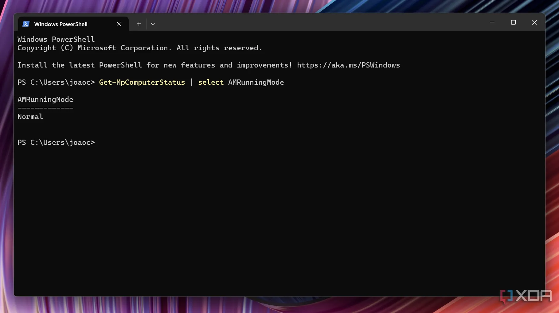 Kết quả lệnh PowerShell trong Windows Terminal để kiểm tra trạng thái hoạt động của Microsoft Defender.