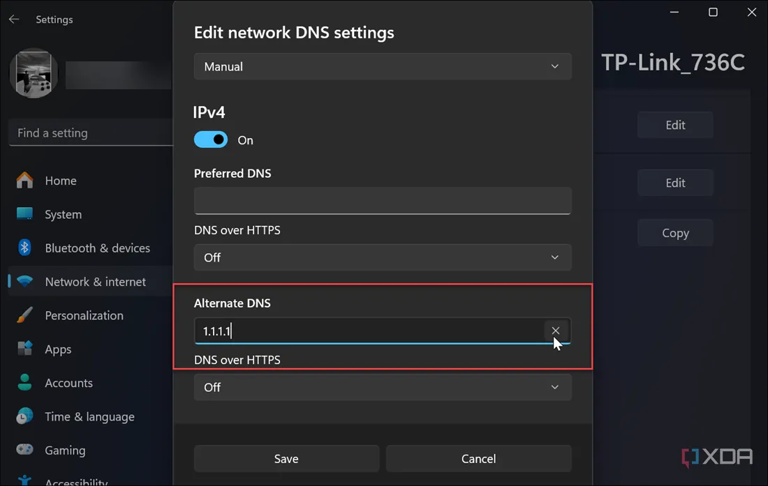 Màn hình cài đặt DNS thủ công trên Windows 11