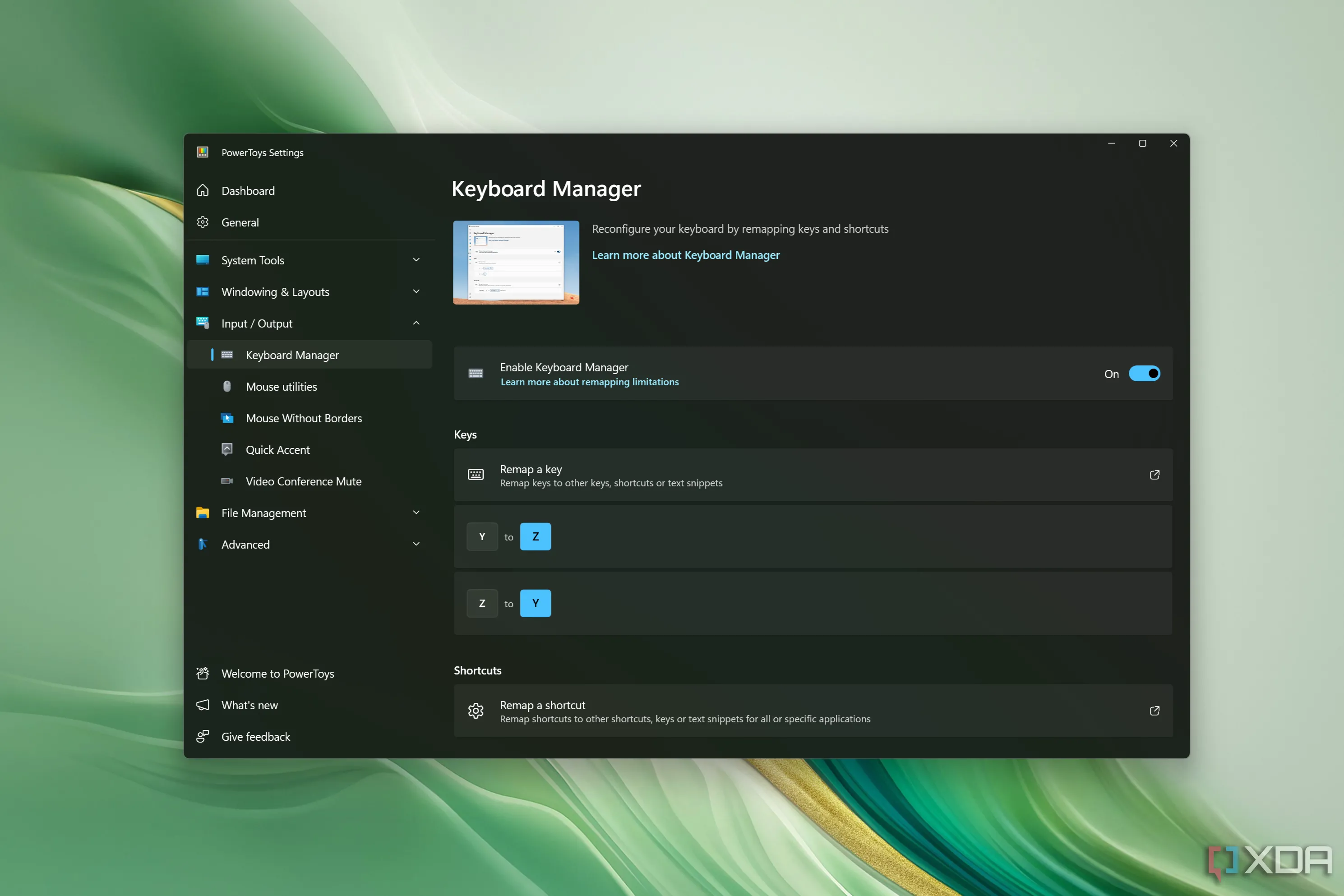 Màn hình cài đặt Keyboard Manager của PowerToys, cho phép ánh xạ lại các phím trên bàn phím Windows.